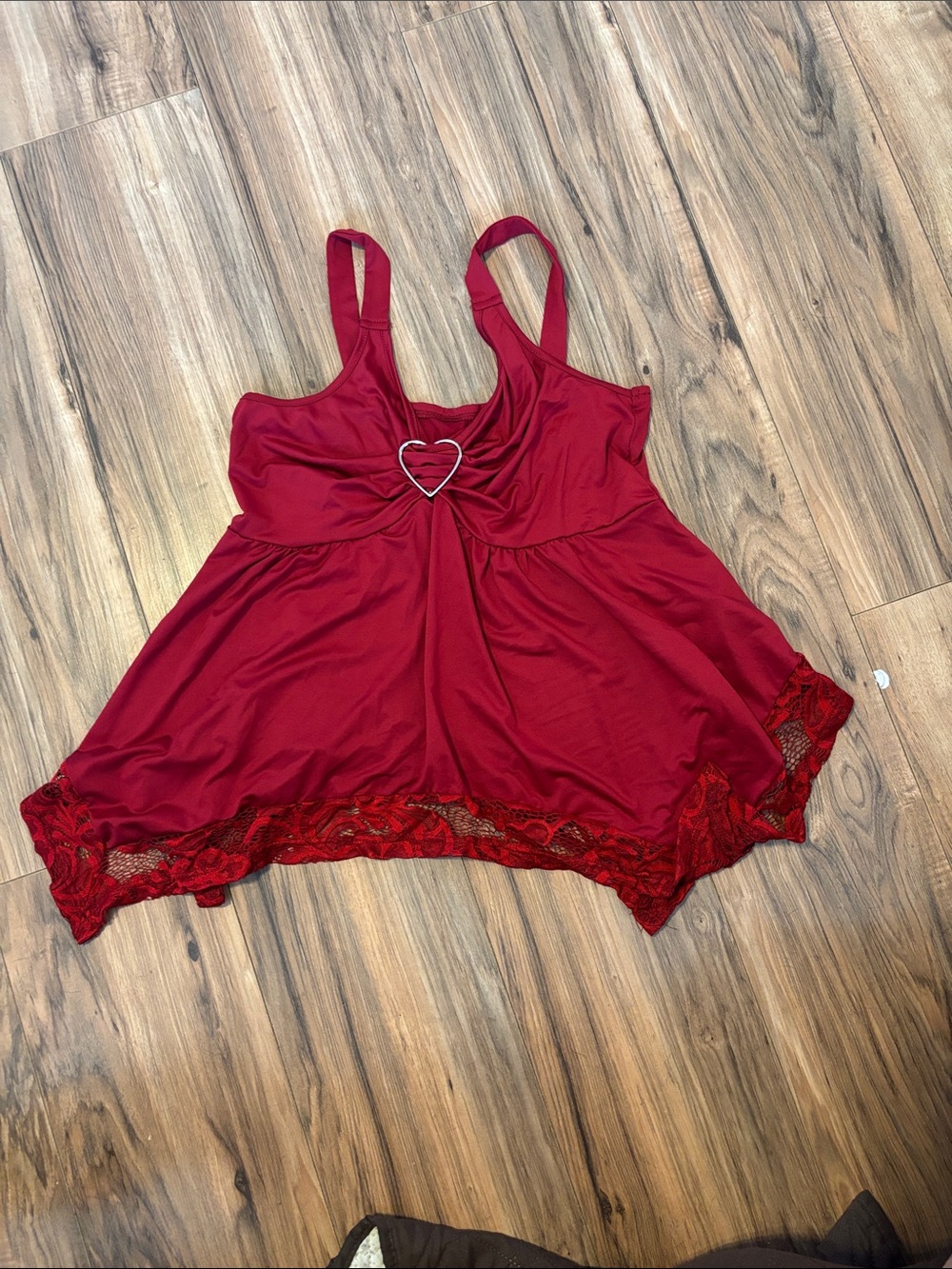 Women's Red Lace-Trim Satin Chemise with Heart Accent